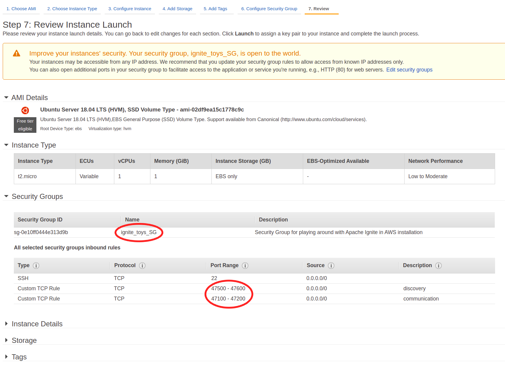 Security group is selected when preparing of an AWS instance