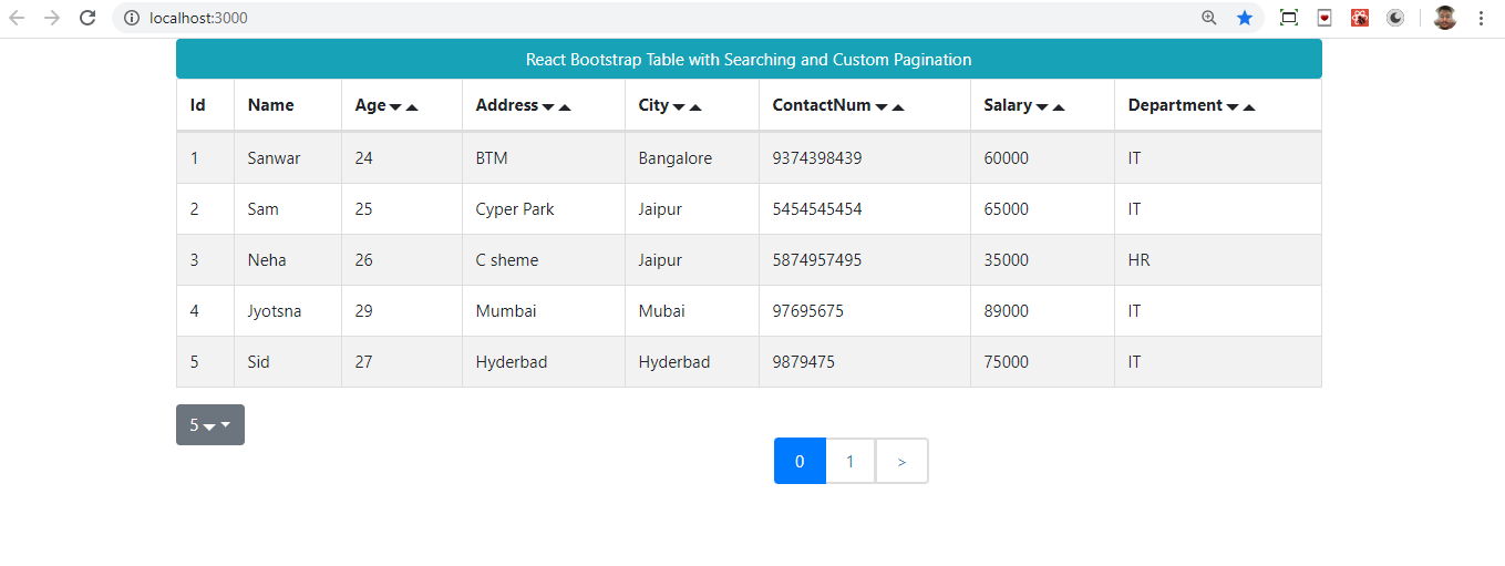 React Bootstrap Table With Searching and Custom Pagination