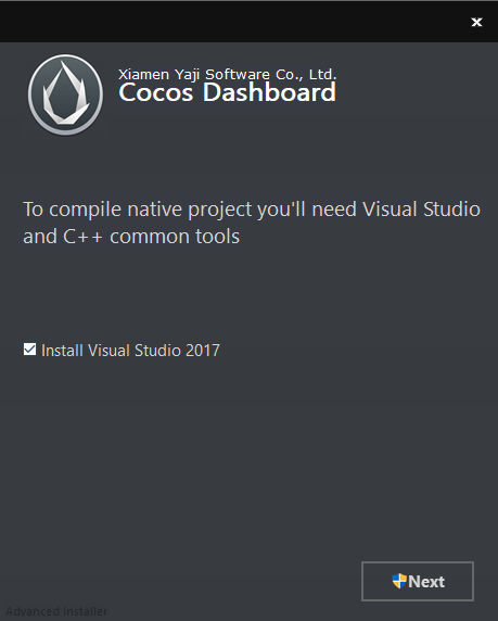 Cocos Dashboard > Install Visual Studio 2017