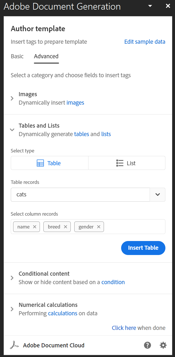 Advanced > Tables and Lists