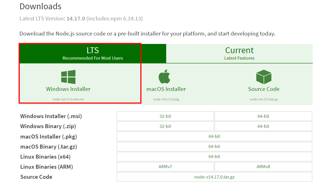 Installing NodeJS for Windows