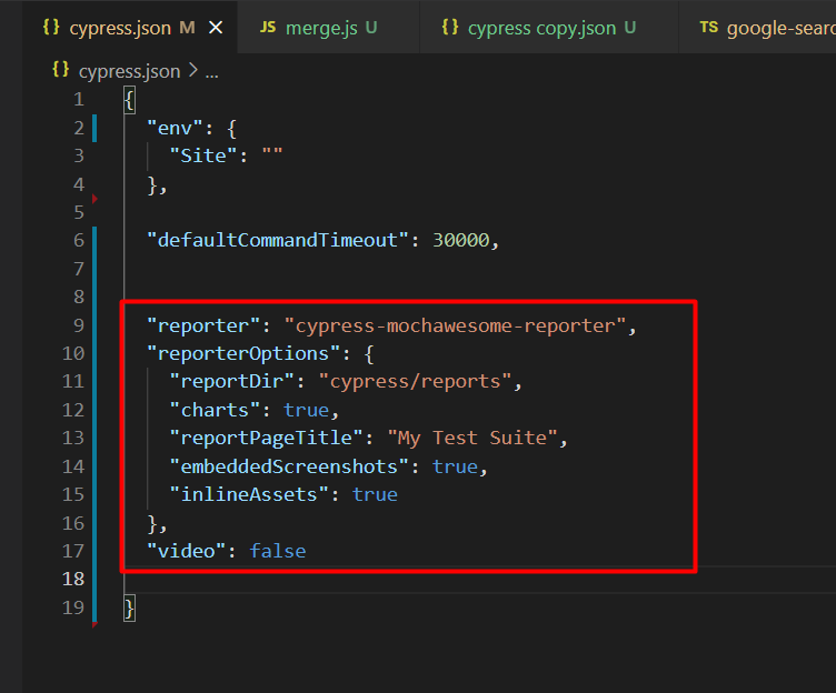 Sample Image of Report Configuration in cypress.json
